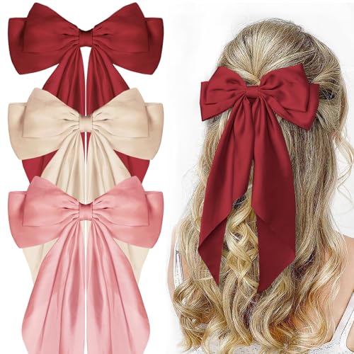 Taeku Haarschleifen Clips, 3 PCS Haarspangen mit Großer Schleife Einfarbige Haarnadel mit Schleife Haarspangen Accessoires für Mädchen Frauen (Beige Rosa Rot) von Taeku