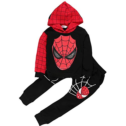 Taenzoess Kinder Bekleidungsset Spiderman Kostüm Jungen Sweatshirt Hose Kapuzenpullover Kinderanzug Baby Junge Kleidung Outfit (F Black, 130) von Taenzoess