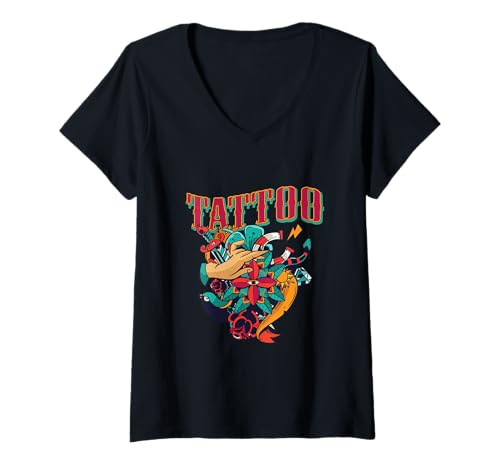Damen Tinte, Tattoo Künstler, Tattoo Maschine und Tattoo Studio T-Shirt mit V-Ausschnitt von Tätowierer und Tinte
