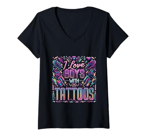 Damen I Love Boys with Tattoos Ink Artist Appreciation - T-Shirt mit V-Ausschnitt von Tätowierte Romantiker