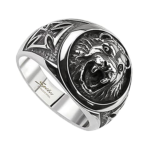 Taffstyle Herren Ring Edelstahl Massiv Breit Herrenring Männer Biker Rocker 3D Löwenkopf Cross Kreuz Löwe König Siegelring Silber Größe 68 (21.6) von Taffstyle