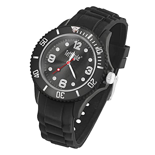 Taffstyle Armbanduhr Silikon Analog Quarz Uhr Farbige Sport Sportuhr Damen Herren Kinder Unisex 34mm Schwarz von Taffstyle