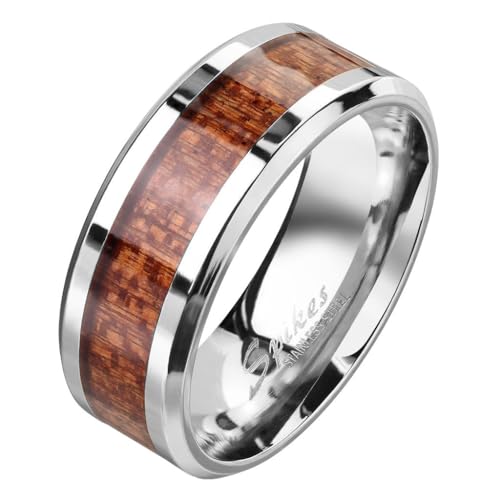 Taffstyle Band Ring Edelstahl Freundschaftsring Herrenring Damenring Partnerring Damen Herren Fingerring Holz Inlay Holzmaserung Silber Größe 54 (17.2) von Taffstyle