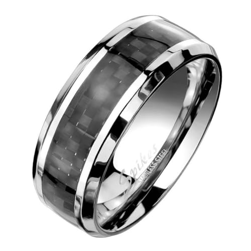 Taffstyle Band Ring Edelstahl Freundschaftsring Herrenring Damenring Partnerring Damen Herren Silber schwarzes Carbon Inlay schräge Kanten Größe 62 (19.7) von Taffstyle