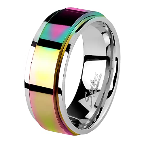 Taffstyle Band Ring Edelstahl mit Spinning Herrenring Damenring Partnerring Trauring Damen Herren Silber Rainbow Größe 60 (19.1) Breit 8mm von Taffstyle