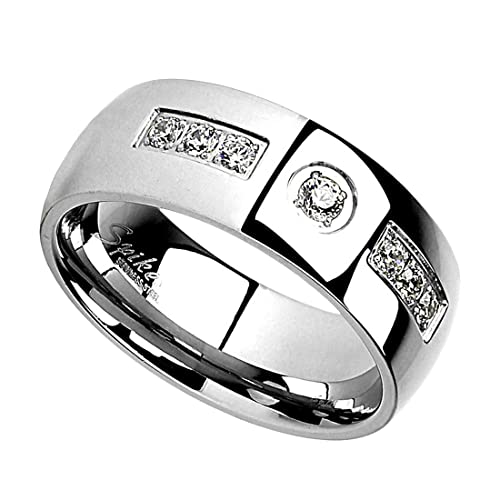 Taffstyle Band Ring Edelstahl mit Zirkonia Kristall Ehering Herrenring Damenring Partnerring Damen Herren Silber Größe 62 (19.7) Breit 8mm von Taffstyle
