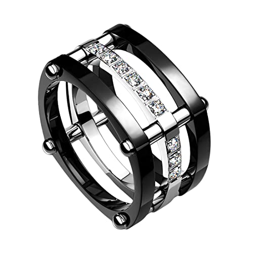Taffstyle Band Ring Titan 3 teilig viereckig mit Zirkonia Herrenring Damenring Partnerring Verlobungsring Damen Herren Schwarz Silber Größe 61 (19.4) von Taffstyle