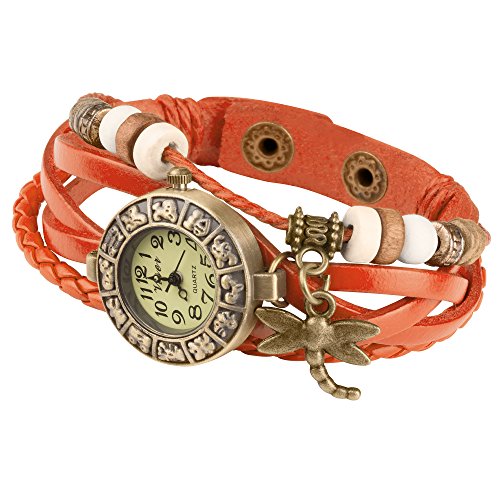 Taffstyle Damen-Armbanduhr Analog Quarz mit Leder-Armband Geflochten Charms Anhänger Uhr Retro Vintage Libelle Gold Orange von Taffstyle