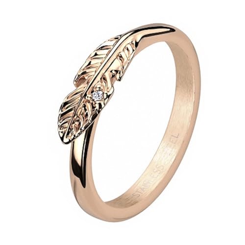 Taffstyle Damen Band Ring Edelstahl Bandring Damenring Trauring Verlobungsring Fingerring Titan Designer Rosegold Blatt mit Kristall Größe 51 (16.2) von Taffstyle