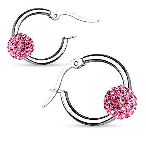 Taffstyle Damen Creolen Ohrringe Edelstahl mit Zirkonia Shamballa Strass Steinen Perle Anhänger Huggie Kreolen Rund Schmal Silber Pink von Taffstyle