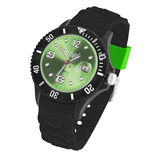 Taffstyle Damen Herren Sportuhr Armbanduhr Silikon Sport Ziffernblatt mit Datum Analog Quarz Farbige Bunte Uhr Schwarz Grün von Taffstyle