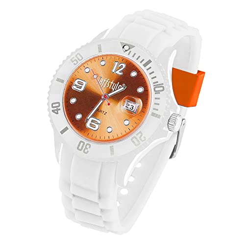Taffstyle Damen Herren Sportuhr Armbanduhr Silikon Sport Ziffernblatt mit Datum Analog Quarz Farbige Bunte Uhr Weiß Orange von Taffstyle