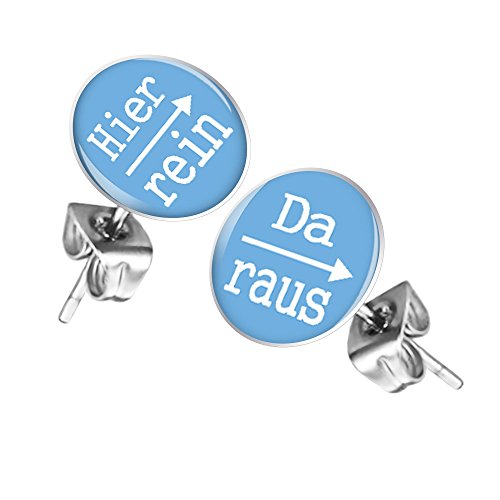 Taffstyle Damen Herren Stecker Ohrstecker Ohrringe Schmuck Studs Buttons Runde Silber Platte mit Spruch Hier rein Da raus 12mm in Hellblau von Taffstyle