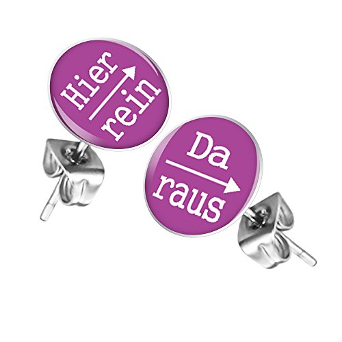 Taffstyle Damen Herren Stecker Ohrstecker Ohrringe Schmuck Studs Buttons Runde Silber Platte mit Spruch Hier rein Da raus 12mm in Lila von Taffstyle