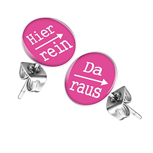 Taffstyle Damen Herren Stecker Ohrstecker Ohrringe Schmuck Studs Buttons Runde Silber Platte mit Spruch Hier rein Da raus 12mm in Pink von Taffstyle