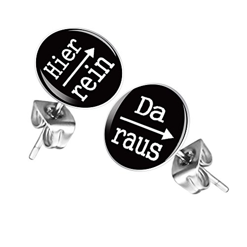 Taffstyle Damen Herren Stecker Ohrstecker Ohrringe Schmuck Studs Buttons Runde Silber Platte mit Spruch Hier rein Da raus 12mm in Schwarz von Taffstyle