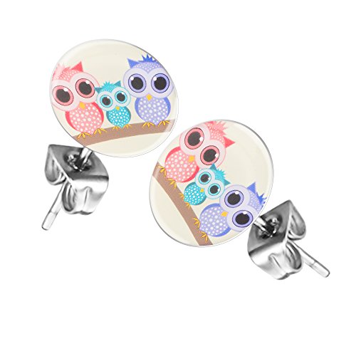 Taffstyle Damen Herren Stecker Rund Klein Ohrstecker Ohrringe Schmuck Runde Platte Silber mit Motiv 3 Eulen von Taffstyle