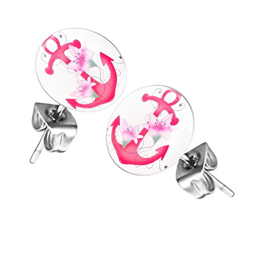 Taffstyle Damen Herren Stecker Rund Klein Ohrstecker Ohrringe Schmuck Runde Platte Silber mit Motiv Anker mit pinken Blumen von Taffstyle