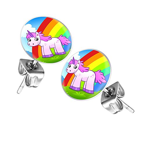 Taffstyle Damen Herren Stecker Rund Klein Ohrstecker Ohrringe Schmuck Runde Platte Silber mit Motiv Einhorn mit Regenbogen Rainbow von Taffstyle