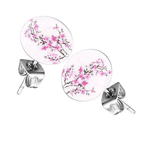 Taffstyle Damen Herren Stecker Rund Klein Ohrstecker Ohrringe Schmuck Runde Platte Silber mit Motiv Kirschblüten Blumen Blüten von Taffstyle