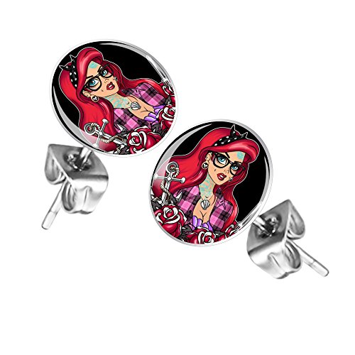 Taffstyle Damen Herren Stecker Rund Klein Ohrstecker Ohrringe Schmuck Runde Platte Silber mit Motiv Pin Up Girl mit Tattoo Anker und Rosen von Taffstyle