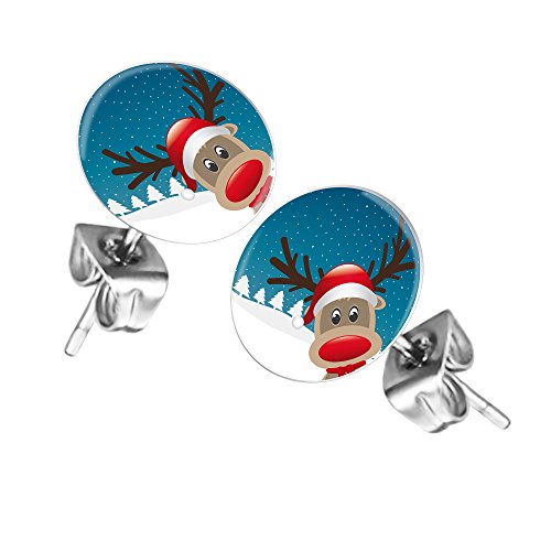 Taffstyle Damen Herren Stecker Rund Klein Ohrstecker Ohrringe Schmuck Runde Platte Silber mit Winter Weihnachts Motiv Rentier in Winterlandschaft von Taffstyle