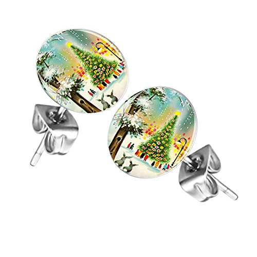 Taffstyle Damen Herren Stecker Rund Klein Ohrstecker Ohrringe Schmuck Runde Platte Silber mit Winter Weihnachts Motiv Weihnachten von Taffstyle