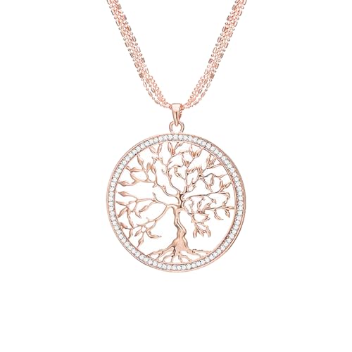 Taffstyle Damen Lange Halskette Kette Lebensbaum Anhänger mit Strass Kristall Glitzer Steinen Lang Baum des Lebens Vintage Glücksbringer Roségold von Taffstyle