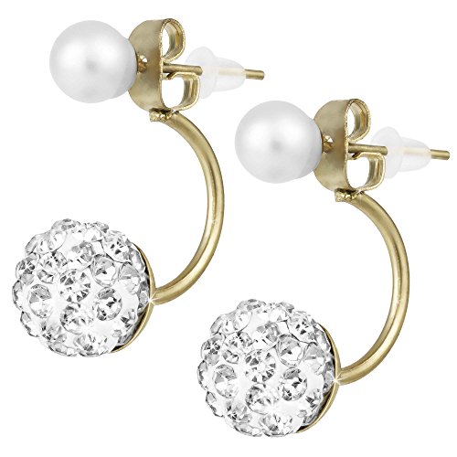 Taffstyle Damen Ohrstecker Ohrringe Stecker Front Back Two Way Schmuck mit Glitzer Strass Shamballa Kugel Perle Weiß Doppel Perlenohrringe Hängend Roségold von Taffstyle