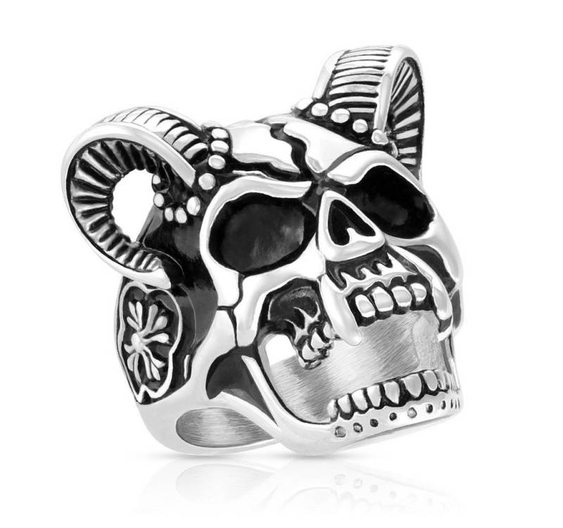 Taffstyle Fingerring Herren Biker Ring Dämonen Widderhörner Kreuz, Edelstahl Massiv Breit Herrenring Männer Rocker Schädel Siegelring von Taffstyle