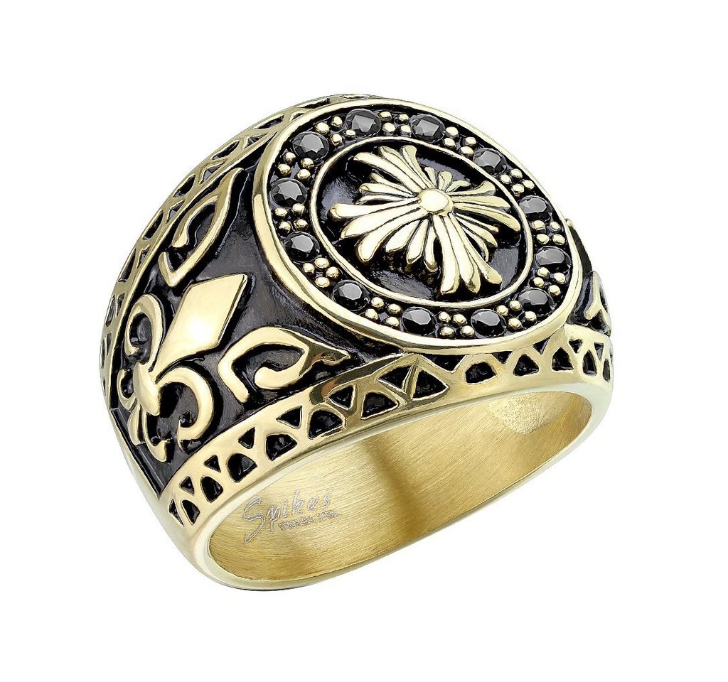 Taffstyle Fingerring Herren Biker Ring Kreuz vergoldet mit Bourbonische, Ring Edelstahl Massiv Breit Herrenring Männer Biker Rocker Lilie von Taffstyle