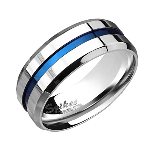 Taffstyle Herren Band Ring Bandring Edelstahl poliert Zwei Ton Silber mit blauen Inlay Männer Biker Rocker massiv breit Herrenring Größe 71 (22.6) von Taffstyle