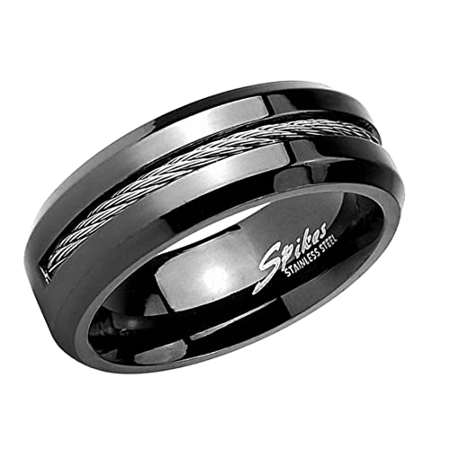 Taffstyle Herren Band Ring Edelstahl mit eingefassten Kabel Bandring Herrenring Partnerring Biker Rocker Schwarz Größe 67 (21.3) von Taffstyle