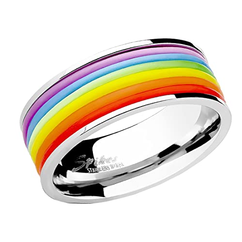 Taffstyle Herren Band Ring Edelstahl poliert mit Silikon Streifen Bandring Herrenring Partnerring Biker Silber Regenbogen Rainbow Größe 57 (18.1) von Taffstyle