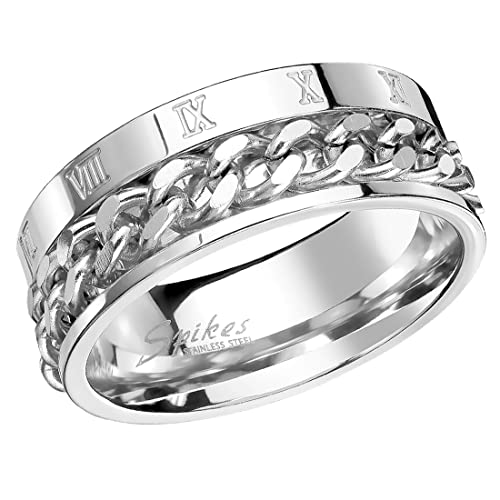 Taffstyle Herren Band Ring Titan Poliert mit Ketten Spinner Römischen Zeichen Bandring Herrenring Biker Rocker Größe 58 (18.5) Silber von Taffstyle