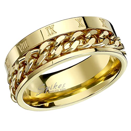 Taffstyle Herren Band Ring Titan Poliert mit Ketten Spinner Römischen Zeichen Bandring Herrenring Biker Rocker Größe 62 (19.7) Gold von Taffstyle