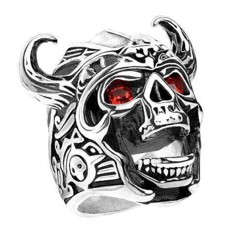 Taffstyle Herren Ring Edelstahl Massiv Breit Herrenring Männer Biker Rocker Schmuck Bikerschmuck Groß Fingerring Wikinger Schädel Totenkopf mit roten Kristall Augen Silber Größe 66 (21.0) von Taffstyle