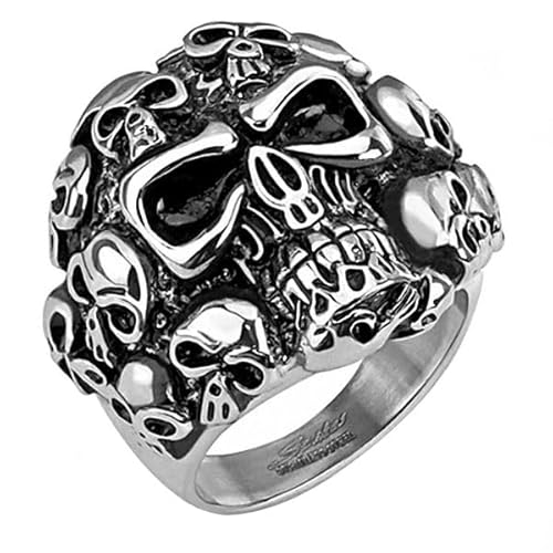 Taffstyle Herren Ring Edelstahl Massiv Breit Herrenring Männer Biker Rocker Schmuck Bikerschmuck Groß Fingerring mit vielen Totenköpfen Silber Größe 66 (21.0) von Taffstyle