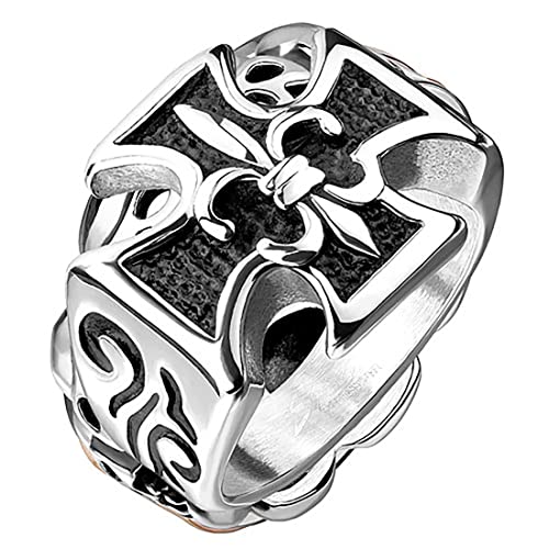 Taffstyle Herren Ring Edelstahl Massiv Breit Herrenring Männer Biker Rocker Schmuck Bikerschmuck Kreuz mit Fleur de Lys Lis Silber Größe 59 (18.8) von Taffstyle