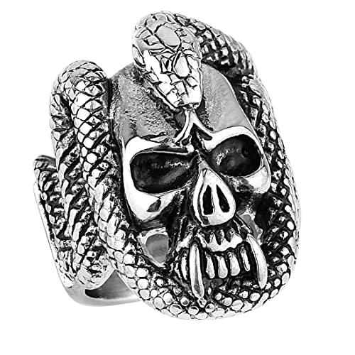 Taffstyle Herren Ring Edelstahl Massiv Breit Herrenring Männer Biker Rocker Schmuck Totenschädel mit Schlange Silber Größe 69 (22.0) von Taffstyle