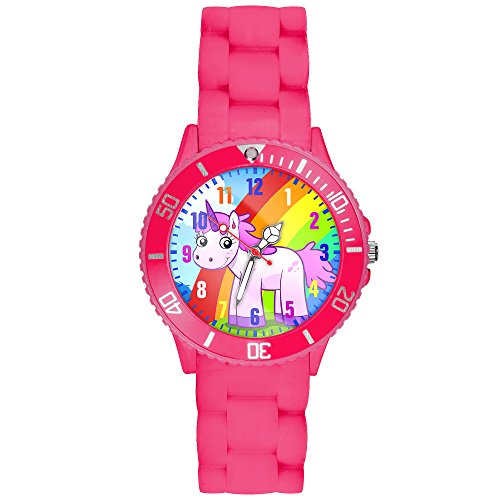 Taffstyle Kinder-Armbanduhr Analog Quarz mit Silikon-Armband Zahlen Einhorn Kinderuhr Lernuhr Sport-Uhr Rainbow Pink von Taffstyle