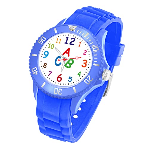 Taffstyle Kinder Armbanduhr Silikon ABC Zahlen Motiv Sportuhr Analog Quarz Bunte Sport Uhr Farbige Kinderuhr Mädchen Junge Lernuhr 34mm Blau von Taffstyle