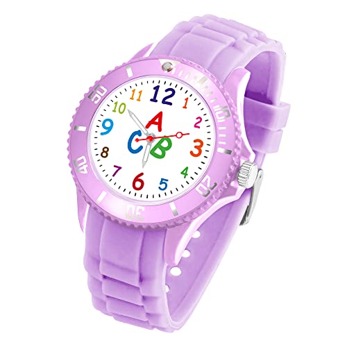 Taffstyle Kinder Armbanduhr Silikon ABC Zahlen Motiv Sportuhr Analog Quarz Bunte Sport Uhr Farbige Kinderuhr Mädchen Junge Lernuhr 34mm Flieder von Taffstyle