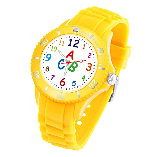 Taffstyle Kinder Armbanduhr Silikon ABC Zahlen Motiv Sportuhr Analog Quarz Bunte Sport Uhr Farbige Kinderuhr Mädchen Junge Lernuhr 34mm Gelb von Taffstyle