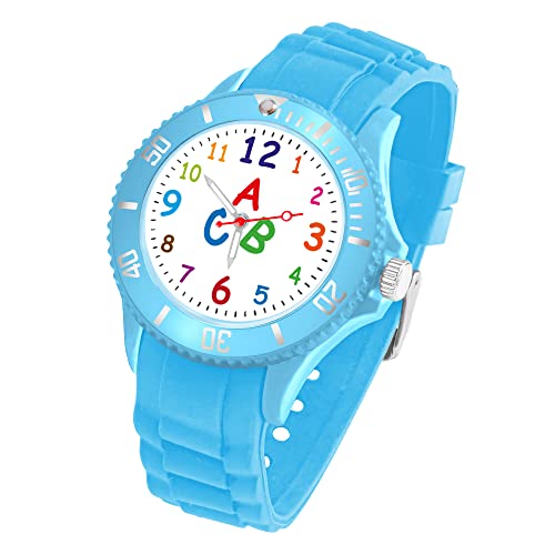 Taffstyle Kinder Armbanduhr Silikon ABC Zahlen Motiv Sportuhr Analog Quarz Bunte Sport Uhr Farbige Kinderuhr Mädchen Junge Lernuhr 34mm Hellblau von Taffstyle