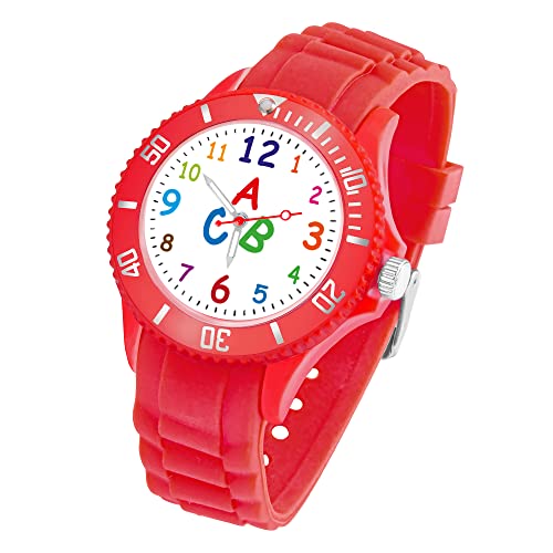 Taffstyle Kinder Armbanduhr Silikon ABC Zahlen Motiv Sportuhr Analog Quarz Bunte Sport Uhr Farbige Kinderuhr Mädchen Junge Lernuhr 34mm Rot von Taffstyle