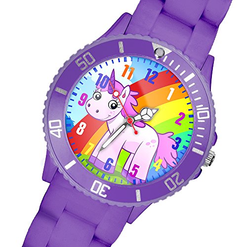 Taffstyle Kinder Armbanduhr Silikon Einhorn Unicorn Pferd Gummi Sportuhr Analog Quarz Bunte Sport Uhr Farbige Kinderuhr Mädchen Mädchenuhr Lernuhr Lila von Taffstyle