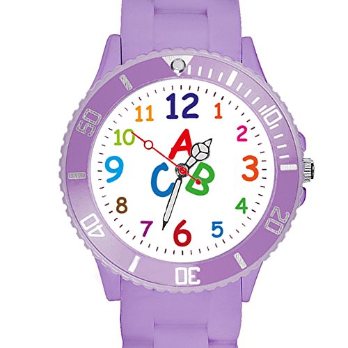 Taffstyle Kinder Armbanduhr Silikon Sportuhr Bunte Sport Uhr Kinderuhr Lernuhr Zahlen ABC Motiv Analog Flieder von Taffstyle