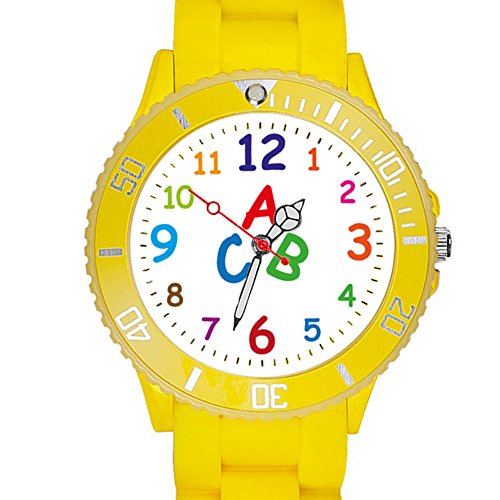 Taffstyle Kinder Armbanduhr Silikon Sportuhr Bunte Sport Uhr Kinderuhr Lernuhr Zahlen ABC Motiv Analog Gelb von Taffstyle