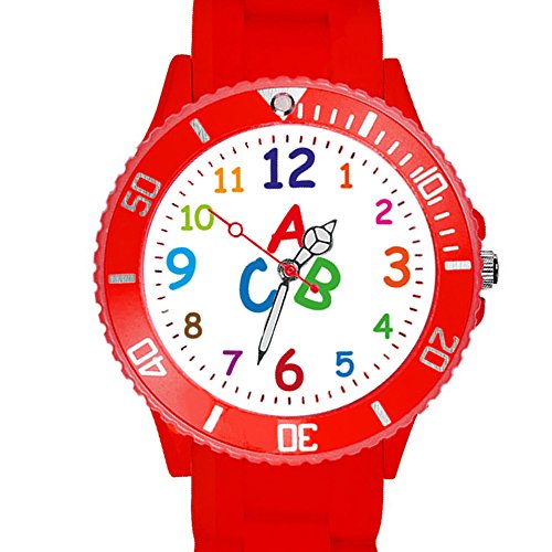 Taffstyle Kinder Armbanduhr Silikon Sportuhr Bunte Sport Uhr Kinderuhr Lernuhr Zahlen ABC Motiv Analog Rot von Taffstyle